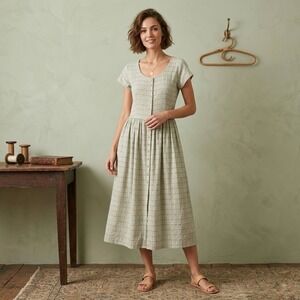 Vintage | Bijaun | Sage Green Windowpane Button Front Tie Back Maxi Dress 13